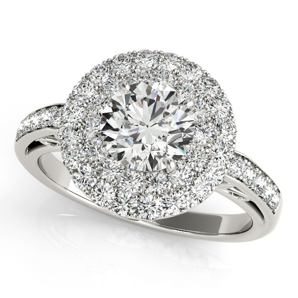 Double halo round engagement ring with 1CT Round Lab Diamond, triple-layer base and filigree in 14K White Gold