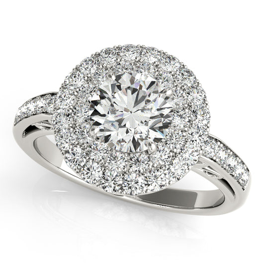 Double halo round engagement ring with 1CT Round Lab Diamond, triple-layer base and filigree in 14K White Gold
