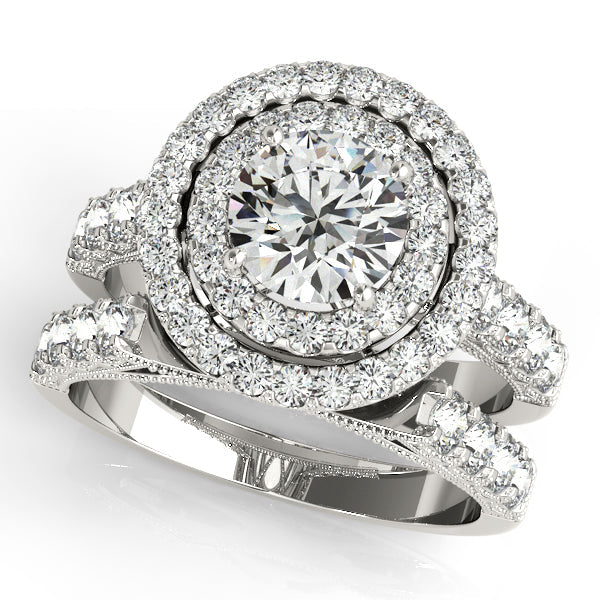 2CTW Double Halo Filigree Side Stone Engagement Ring 14K White Gold