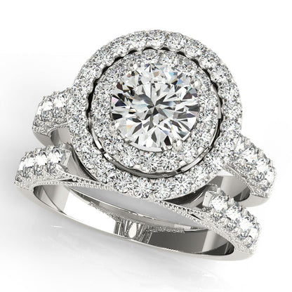 2CTW Double Halo Filigree Side Stone Engagement Ring 14K White Gold
