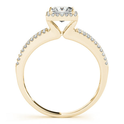 Modish Three Shank Side Stone Engagement Ring with Square Halo