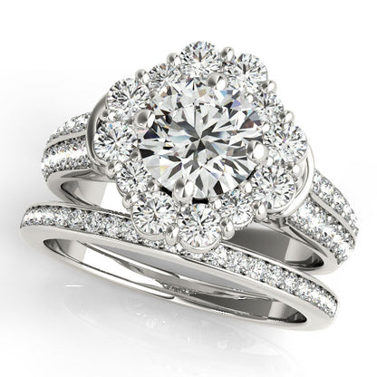 Exclusive Halo Engagement Ring with Two Rows of Side Stones