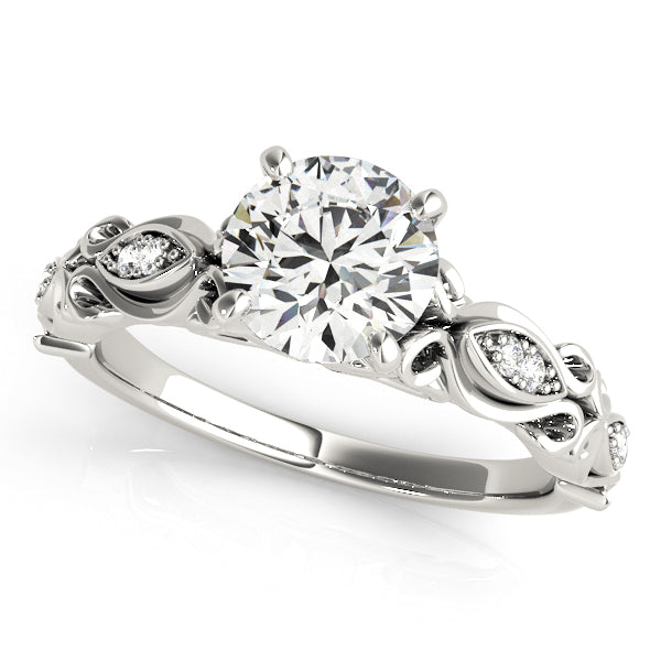 Floral-inspired halo engagement ring with 1CT Round Lab Diamond, marquise side stones and filigree gallery in 14K White Gold