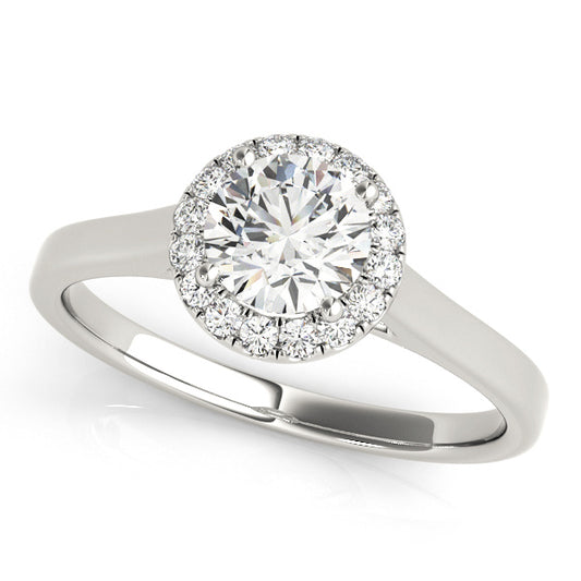 Round-cut engagement ring with 1CT Round Lab Diamond, diamond halo, tapered band and modern gallery in 14K White Gold