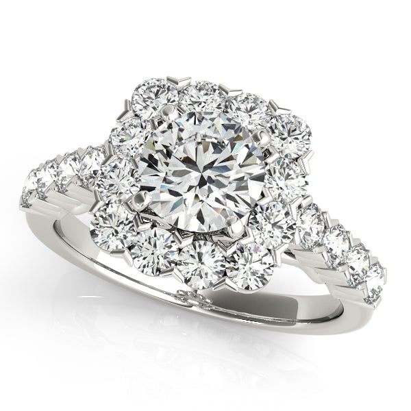 Floral halo engagement ring with 1CT Round Lab Diamond and tapered band crafted in 14K White Gold with elegant graduated side diamonds