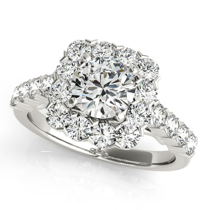 Floral halo engagement ring with 1CT Round Lab Diamond and tapered band crafted in 14K White Gold with elegant graduated side diamonds