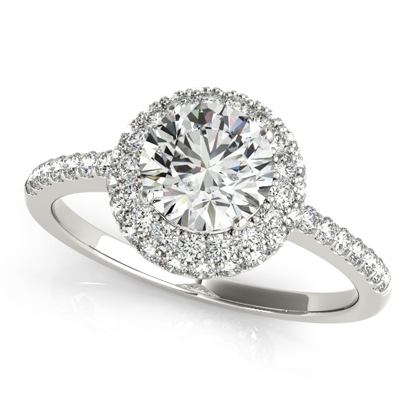 Two-tone double halo engagement ring with 1CT Round Lab Diamond crafted in 14K White and Rose Gold with layered pavé sparkle