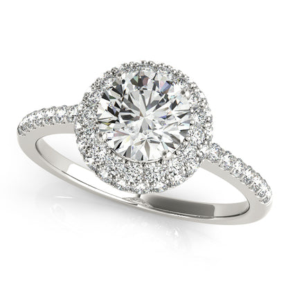 Two-tone double halo engagement ring with 1CT Round Lab Diamond crafted in 14K White and Rose Gold with layered pavé sparkle