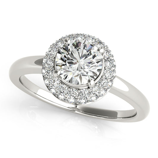Double halo engagement ring featuring 1CT Round Lab Diamond, 37 pavé side diamonds, tapered band crafted in 14K White Gold