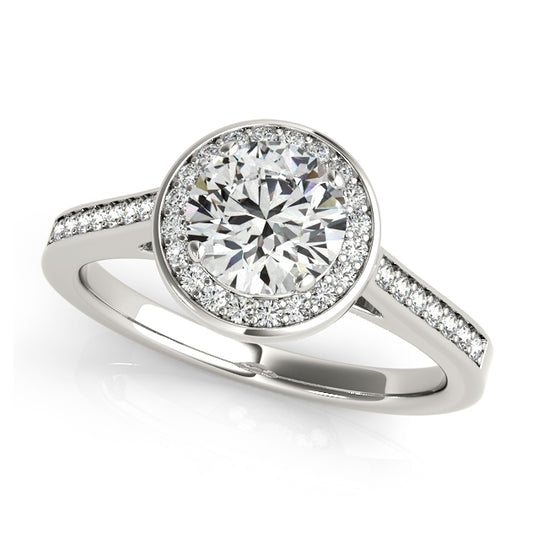 Halo engagement ring with 1CT Round Lab Diamond (VS1/F Color) and 42 pavé diamonds, cathedral arches, hidden accents in 14K White Gold