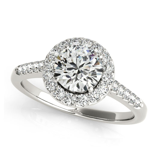 Round halo engagement ring with 1CT Round Lab Diamond and 26 pavé side stones crafted in 14K White Gold cathedral setting
