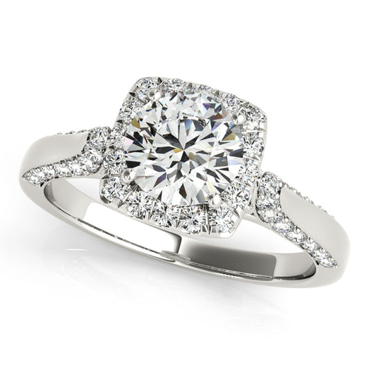 Square halo engagement ring with 1CT Round Lab Diamond, split-shank pavé band, and scrollwork accents crafted in 14K White Gold