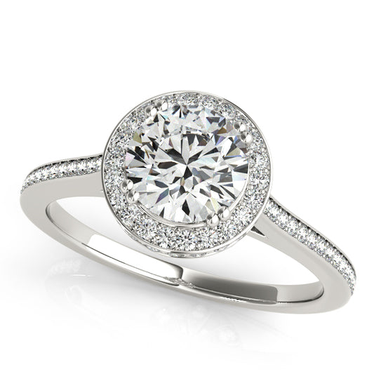 Floral-inspired halo engagement ring featuring 1CT Round Lab Diamond, 109 pavé side stones, and marquise accents in 14K White Gold