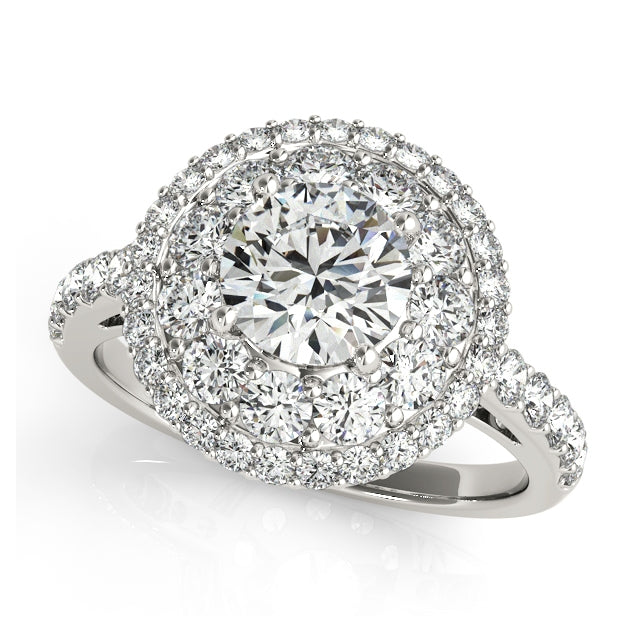 Double halo engagement ring with 1CT Round Lab Diamond, 40 pavé side stones, split-shank band, and vintage filigree in 14K White Gold