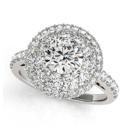 Double halo engagement ring with 1CT Round Lab Diamond, 40 pavé side stones, split-shank band, and vintage filigree in 14K White Gold