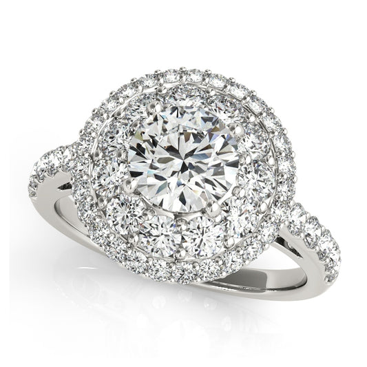 Double halo engagement ring with 1CT Round Lab Diamond, 40 pavé side stones, split-shank band, and vintage filigree in 14K White Gold