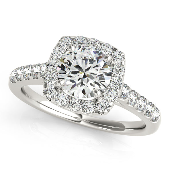 Square halo engagement ring featuring a 1CT Round Lab Diamond with 26 side diamonds and vintage scroll details in 14K White Gold