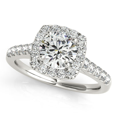 Square halo engagement ring featuring a 1CT Round Lab Diamond with 26 side diamonds and vintage scroll details in 14K White Gold