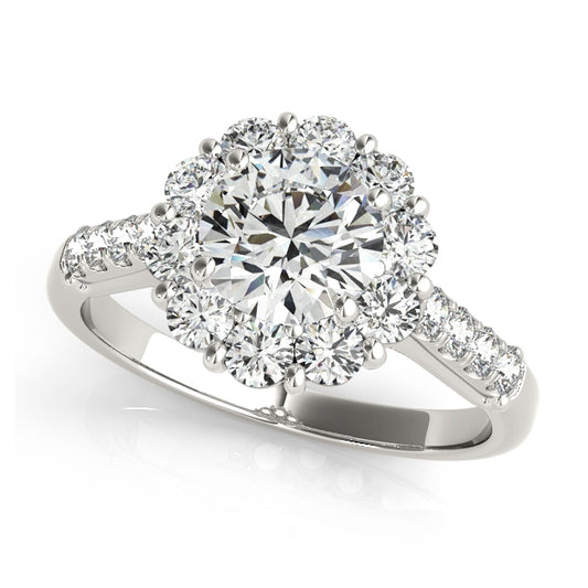 Floral-inspired halo engagement ring with 1CT Round Lab Diamond (VS1/F Color) and 18 pavé side stones crafted in 14K White Gold