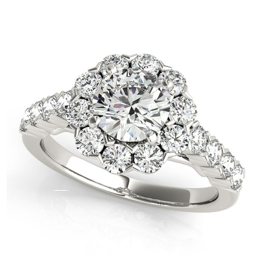 Floral halo engagement ring with 1CT Round Lab Diamond, 18 pavé side diamonds, intricate open gallery crafted in 14K White Gold