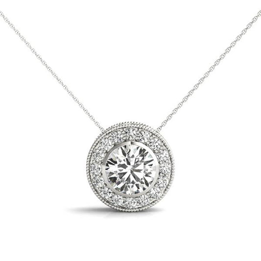 0.63CT halo pendant necklace in white gold featuring a 0.50CT round-cut center stone, framed by accent diamonds for a luminous effect.