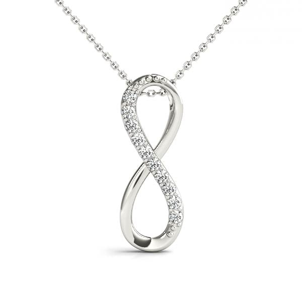 0.10CT lab diamond infinity pendant necklace in white gold with pavé-set round diamonds on a sleek, curved design, suspended from a 16-inch chain.