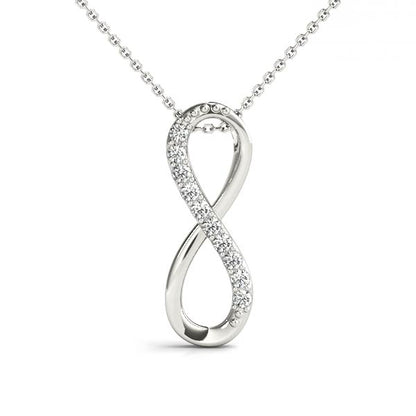 0.10CT lab diamond infinity pendant necklace in white gold with pavé-set round diamonds on a sleek, curved design, suspended from a 16-inch chain.