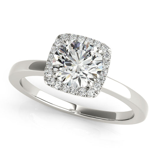 Modern square halo engagement ring with 1CT Round Lab Diamond, 20 pavé side diamonds, and polished sleek band in 14K White Gold