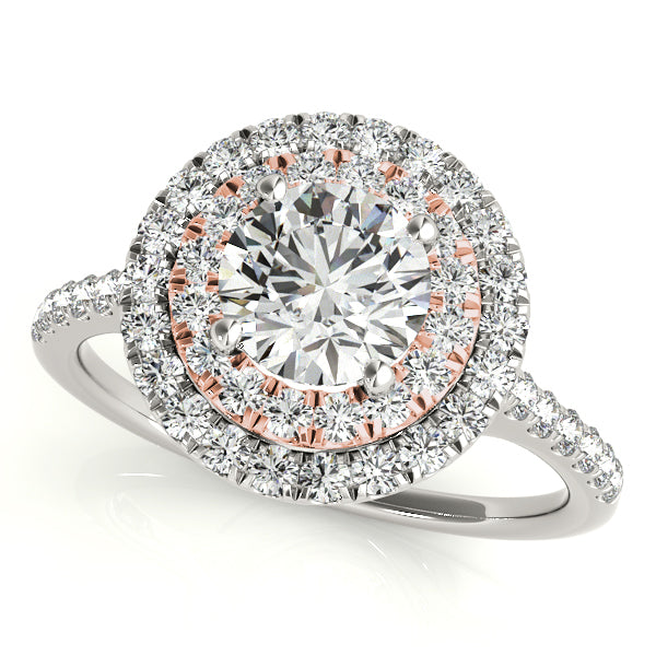 Double halo engagement ring with 1CT Round Lab Diamond set in 14K White and Rose Gold two-tone design with pavé split-shank band