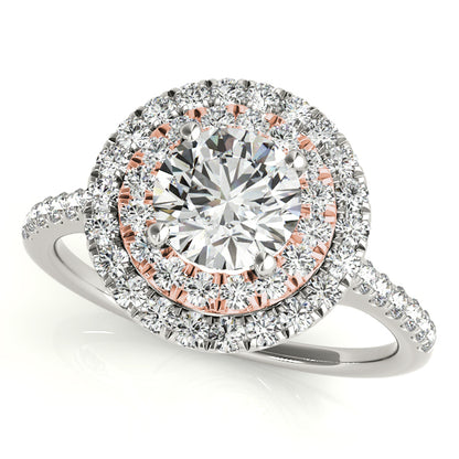 Double halo engagement ring with 1CT Round Lab Diamond set in 14K White and Rose Gold two-tone design with pavé split-shank band
