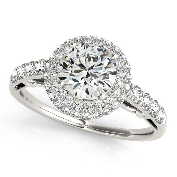 Floral-inspired halo engagement ring with 1CT Round Lab Diamond, 54 pavé diamonds, scrollwork crafted in 14K White Gold for vintage elegance