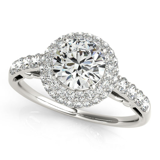 Floral-inspired halo engagement ring with 1CT Round Lab Diamond, 54 pavé diamonds, scrollwork crafted in 14K White Gold for vintage elegance