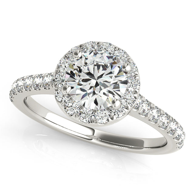 Halo engagement ring with 1CT Round Lab Diamond (VS1/F Color), 34 pavé side diamonds, and hidden gallery accents in 14K White Gold