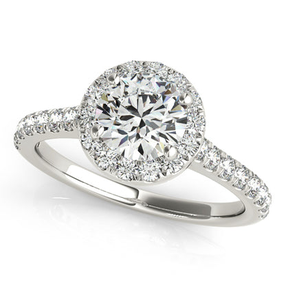 Halo engagement ring with 1CT Round Lab Diamond (VS1/F Color), 34 pavé side diamonds, and hidden gallery accents in 14K White Gold