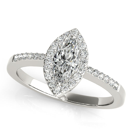 Marquise-cut engagement ring featuring 1CT Marquise Cut Lab Diamond, tapered pavé band and secure prong setting in 14K White Gold