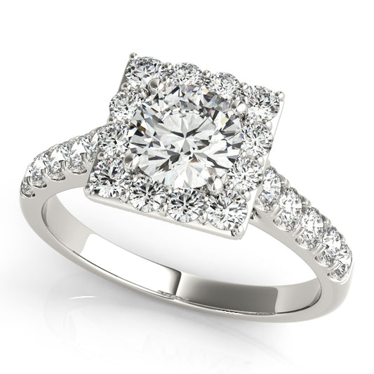 Round-cut engagement ring with 1CT Round Lab Diamond, square halo, vintage scrolls and pavé band in 14K White Gold