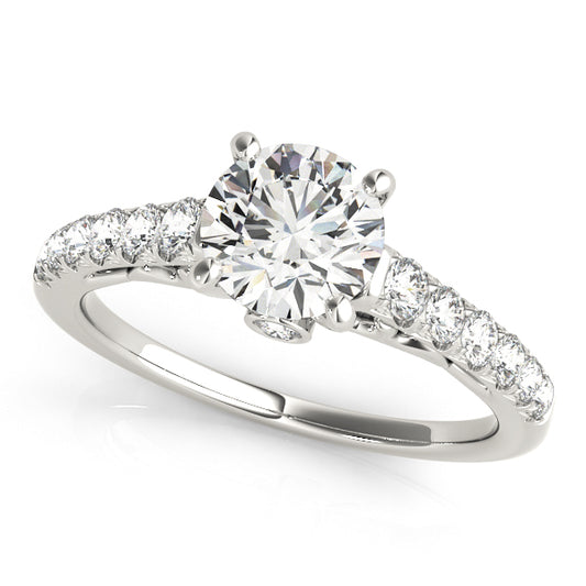 White gold solitaire engagement ring with 1CT Round Lab Diamond and 14 side diamonds, hidden scroll gallery crafted in 14K White Gold