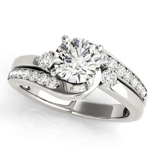 Halo engagement ring with 1CT Round Lab Diamond, 16 side diamonds and three-stone accents crafted in sleek 14K White Gold design