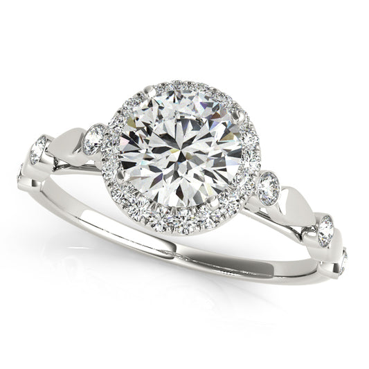 Round-cut engagement ring featuring 1CT Round Lab Diamond, marquise accents and vintage scrollwork crafted in 14K White Gold (VS1/F Color)