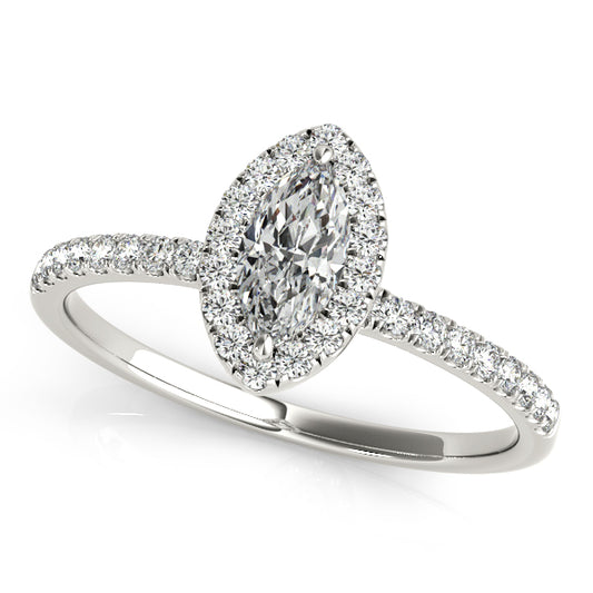 Marquise-cut engagement ring featuring 1CT Marquise Cut Lab Diamond, pavé halo and consistent polished band crafted in 14K White Gold
