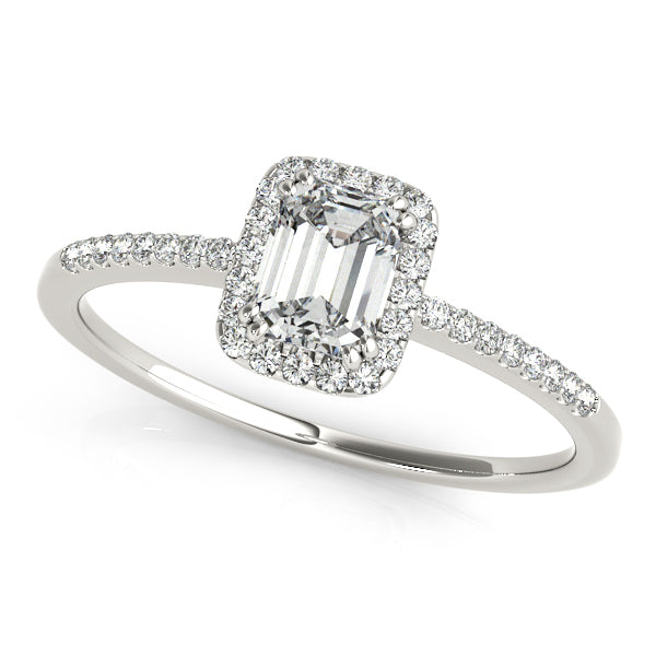 Emerald-cut engagement ring with 1CT Emerald Cut Lab Diamond, halo and scalloped under-gallery crafted in 14K White Gold