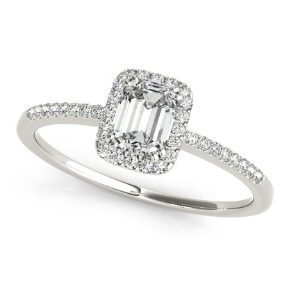 Emerald-cut engagement ring with 1CT Emerald Cut Lab Diamond, halo and scalloped under-gallery crafted in 14K White Gold