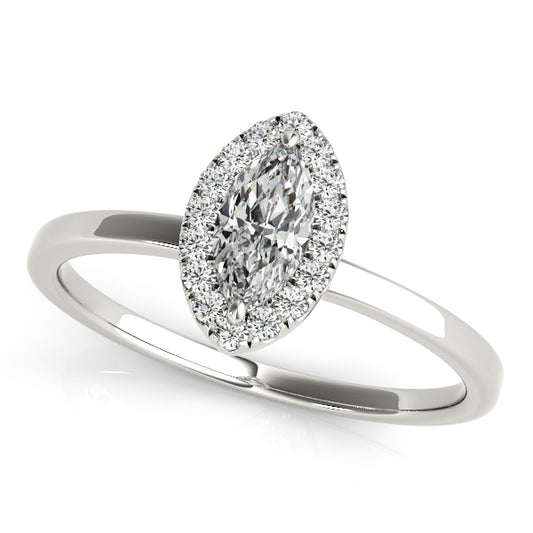 Marquise-cut engagement ring with 1CT Marquise Cut Lab Diamond, four-prong halo setting and clean polished band crafted in 14K White Gold (VS1/F Color)