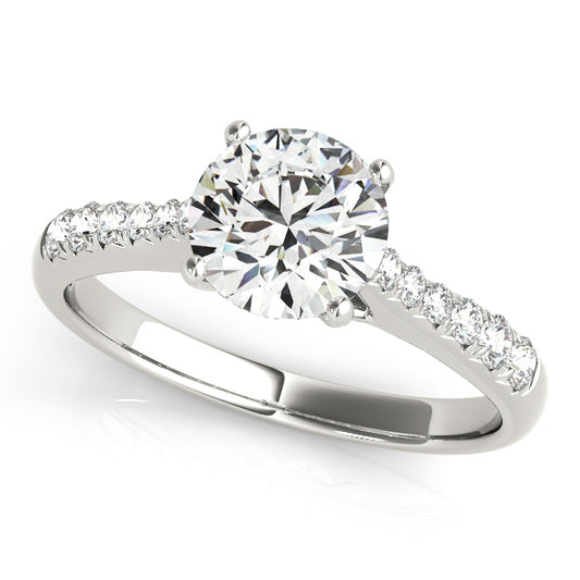 Cathedral halo engagement ring with round center stone, 12 diamonds, tapered band, and minimalist elegance.