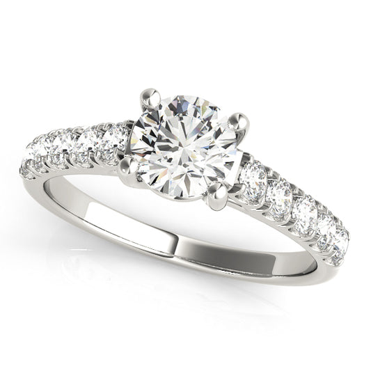 Solitaire engagement ring featuring 1CT Round Lab Diamond and 10 side diamonds with tapered 14K White Gold band (VS1/F Color)