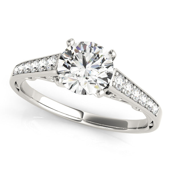 White gold cathedral engagement ring with 1CT Round Lab Diamond and 12 side diamonds with filigree swirl details crafted in 14K White Gold