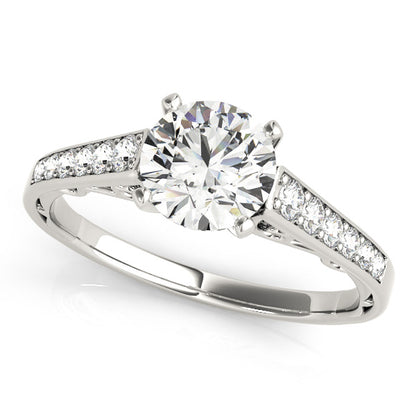 White gold cathedral engagement ring with 1CT Round Lab Diamond and 12 side diamonds with filigree swirl details crafted in 14K White Gold