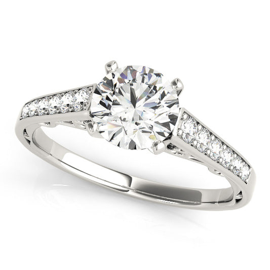 White gold cathedral engagement ring with 1CT Round Lab Diamond and 12 side diamonds with filigree swirl details crafted in 14K White Gold