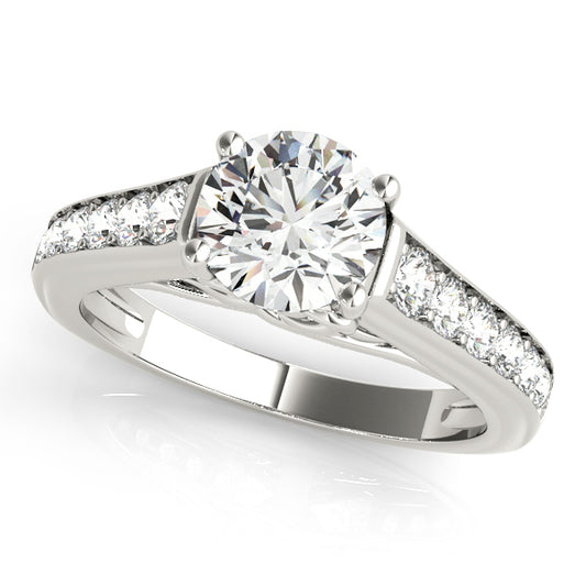Solitaire engagement ring with 1CT Round Lab Diamond, 12 side diamonds and tapered white gold band crafted in 14K White Gold