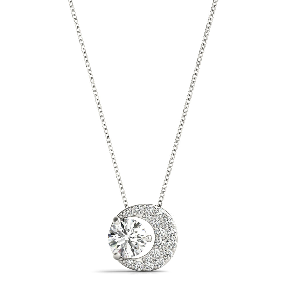 Crescent moon pendant with round diamond in white gold, featuring pave-set lab-grown diamonds on a delicate 16-inch chain
